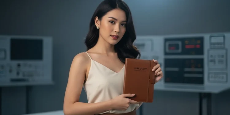 Woman Holding Notebook Tech Background