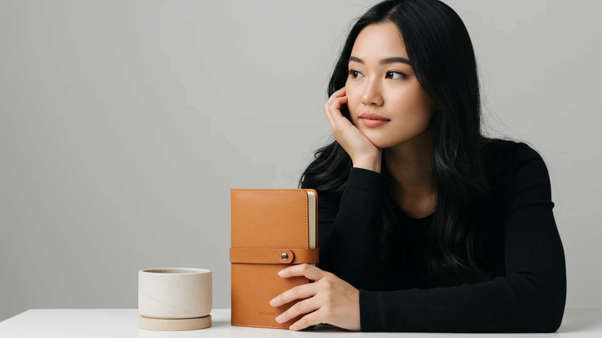 Seorang wanita memegang buku catatan kulit dengan ekspresi berpikir, mencerminkan refleksi dan perencanaan