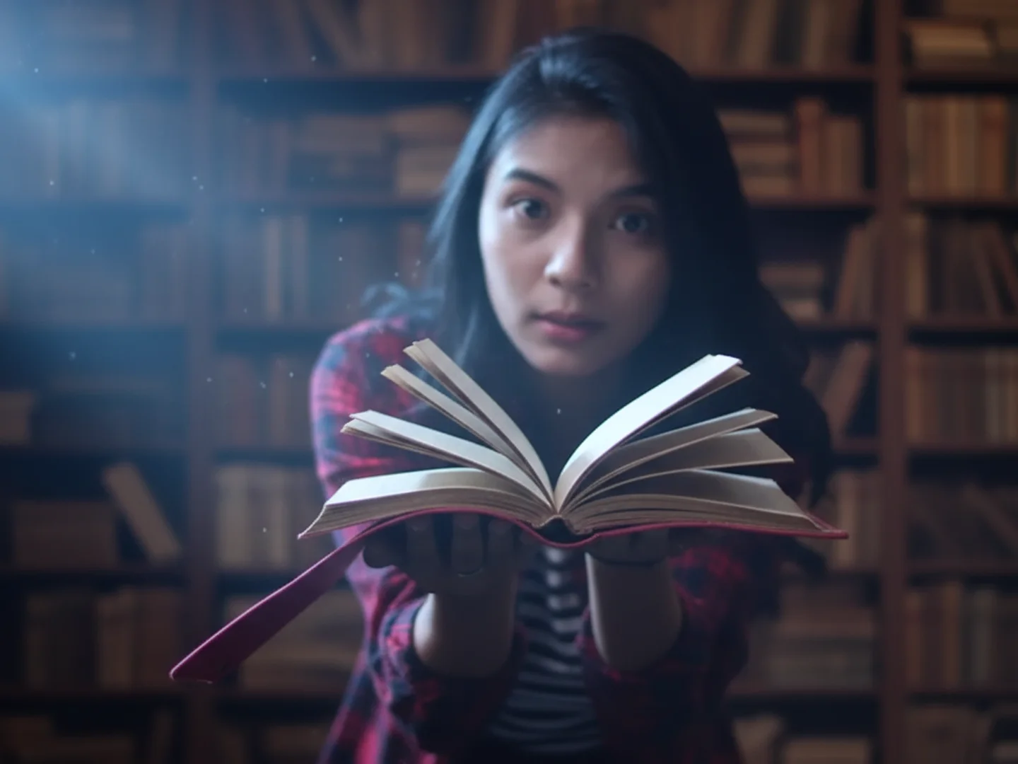Seorang wanita memegang buku yang terbuka di perpustakaan dengan cahaya magis yang keluar darinya, melambangkan keajaiban koneksi personal.