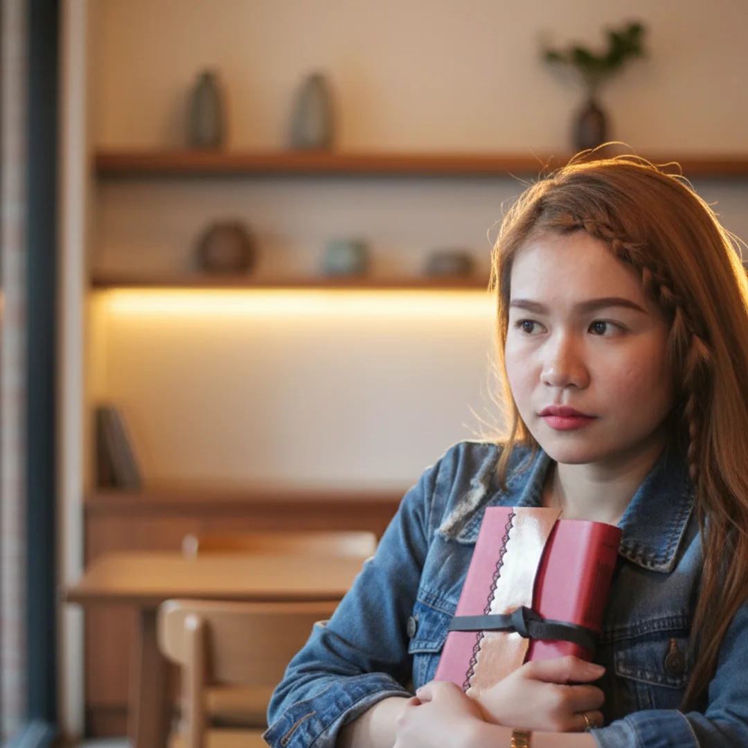 Seorang wanita memegang jurnal kulit berwarna merah di dalam sebuah kafe, siap untuk mencatat pemikiran atau kenangan.