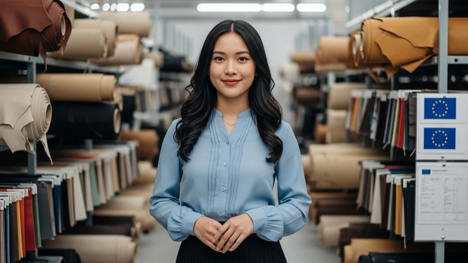 Woman In Fabric Warehouse Sample Rolls