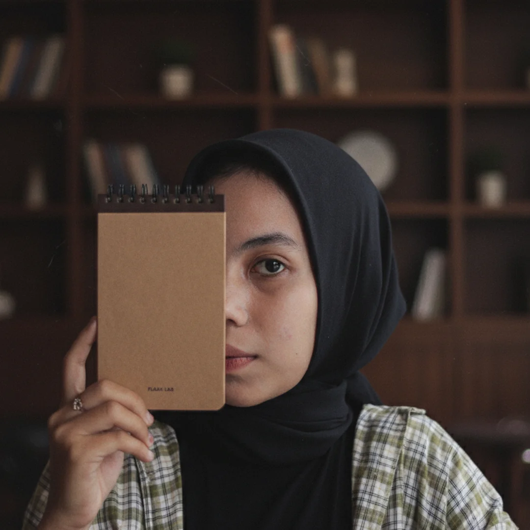 Seorang wanita berhijab memegang jurnal menutupi sebagian wajahnya, menyiratkan hubungan yang personal dan introspektif dengan jurnalnya.