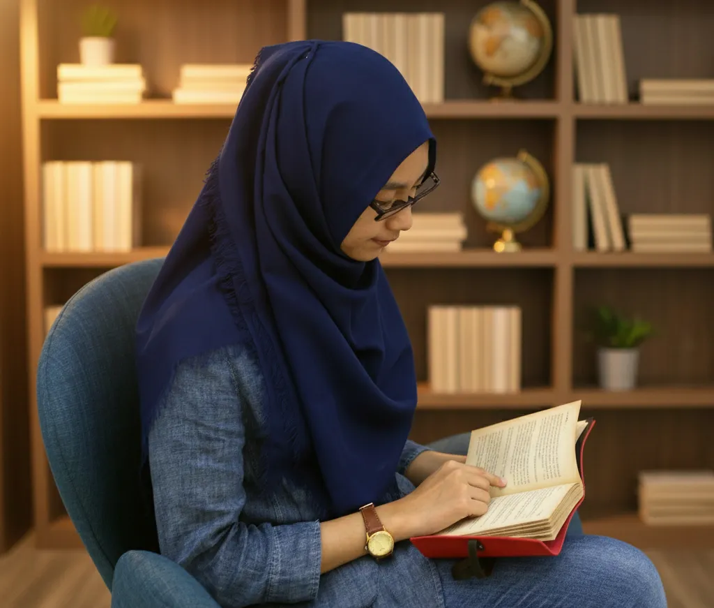 Seorang wanita berhijab sedang membaca buku atau jurnal dengan khusyuk, melambangkan proses merenungkan kembali kenangan yang tersimpan.