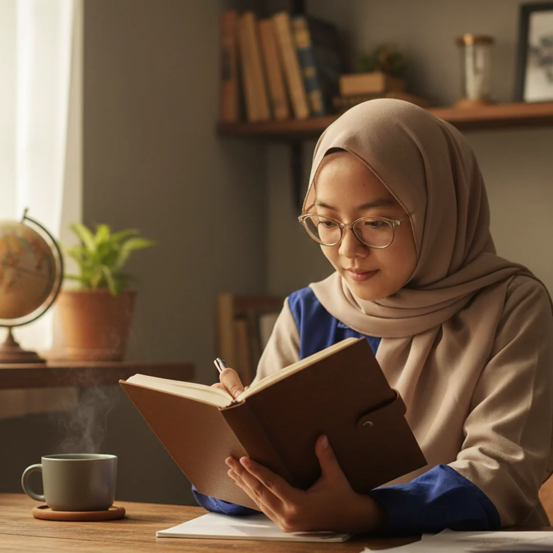Seorang wanita berhijab sedang fokus menulis di dalam jurnalnya di meja kerja, menunjukkan proses menuangkan kreativitas ke atas kertas.