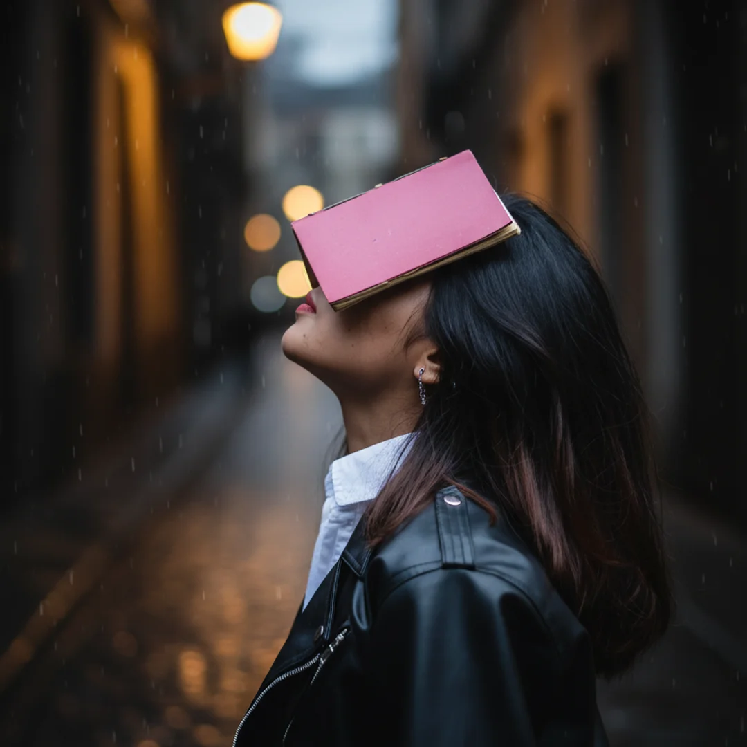 Seorang wanita menggunakan buku berwarna pink untuk melindungi kepalanya dari hujan, sebuah penggunaan yang tidak semestinya namun kreatif.
