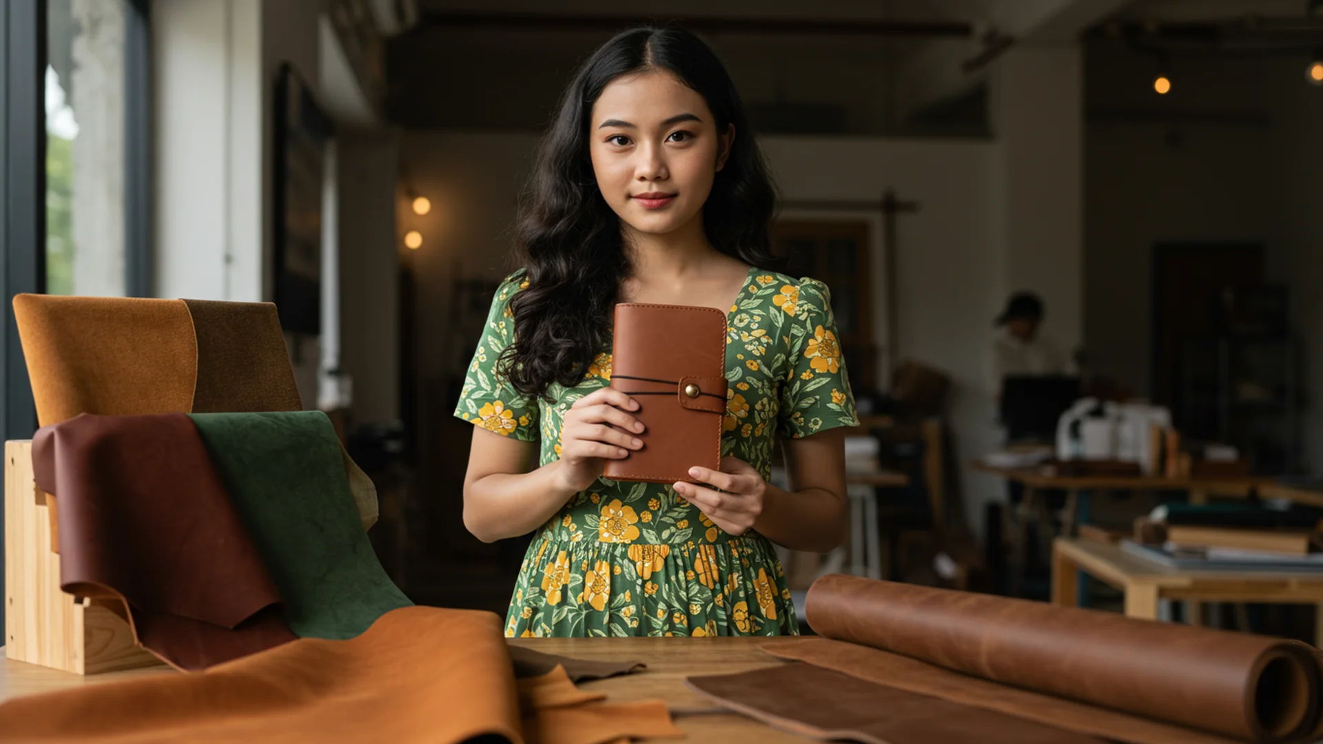 Pengrajin wanita menampilkan buku catatan kulit premium Hibrkraft