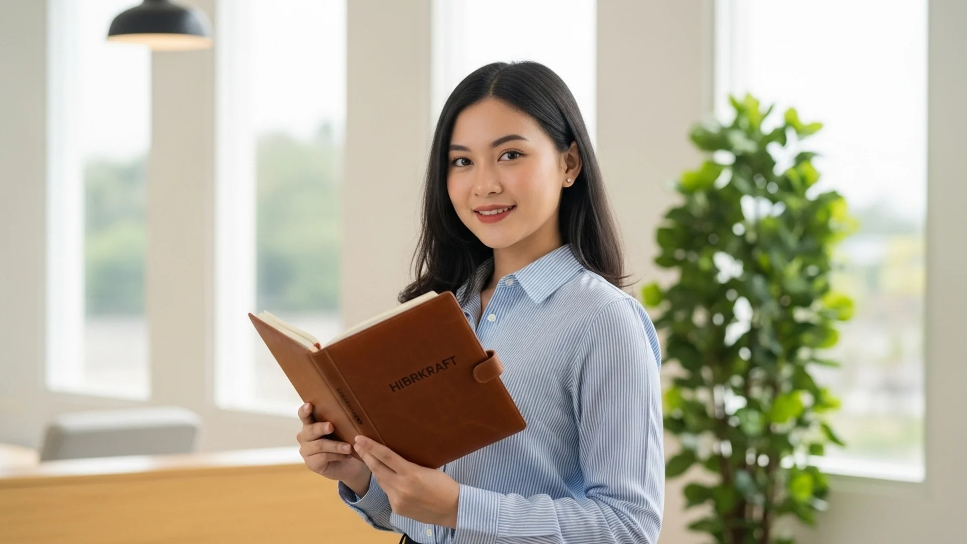 Seorang wanita membaca buku di dalam kantor modern, merepresentasikan fokus dan ketelitian dalam manajemen.
