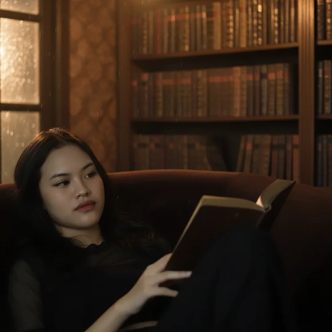 Seorang wanita membaca buku di perpustakaan pada malam hujan, menggambarkan kedalaman dan kompleksitas pemahaman manusia.
