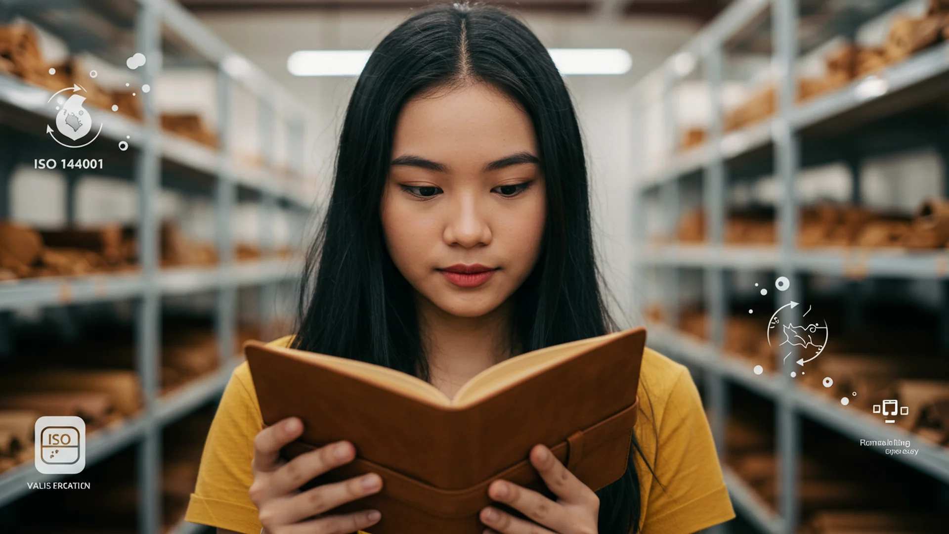 Seorang wanita sedang membaca buku di dalam gudang dengan latar belakang simbol ISO