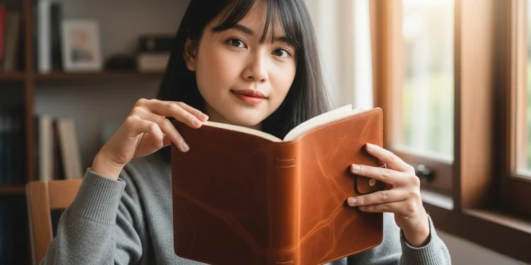 Woman Reading Brown Notebook Window
