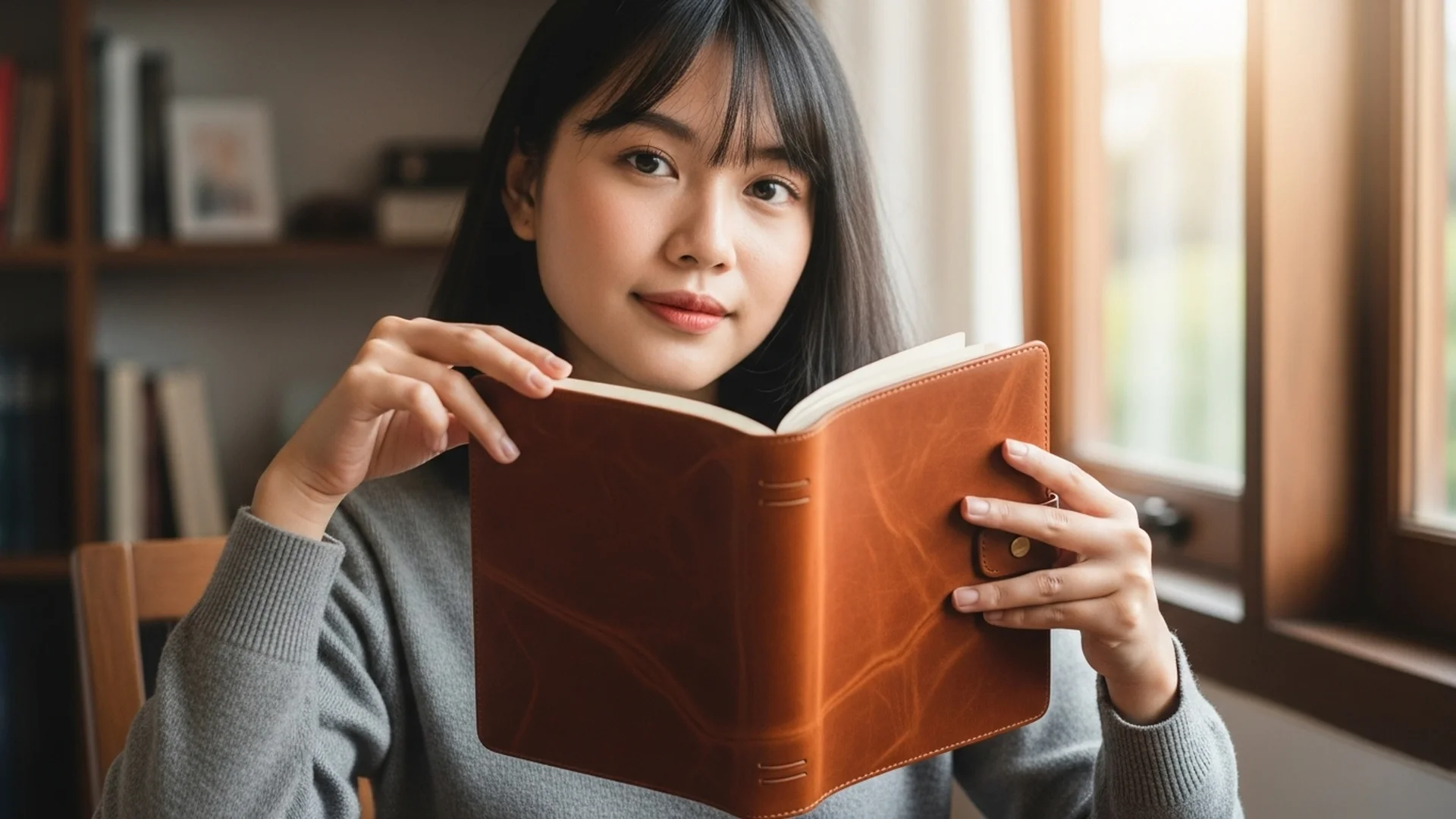 Woman Reading Brown Notebook Window