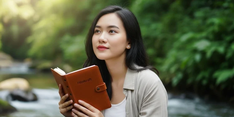 Woman Reading By Stream Nature Book