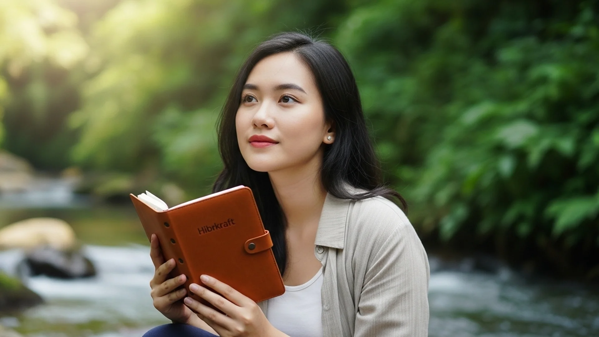 Woman Reading By Stream Nature Book