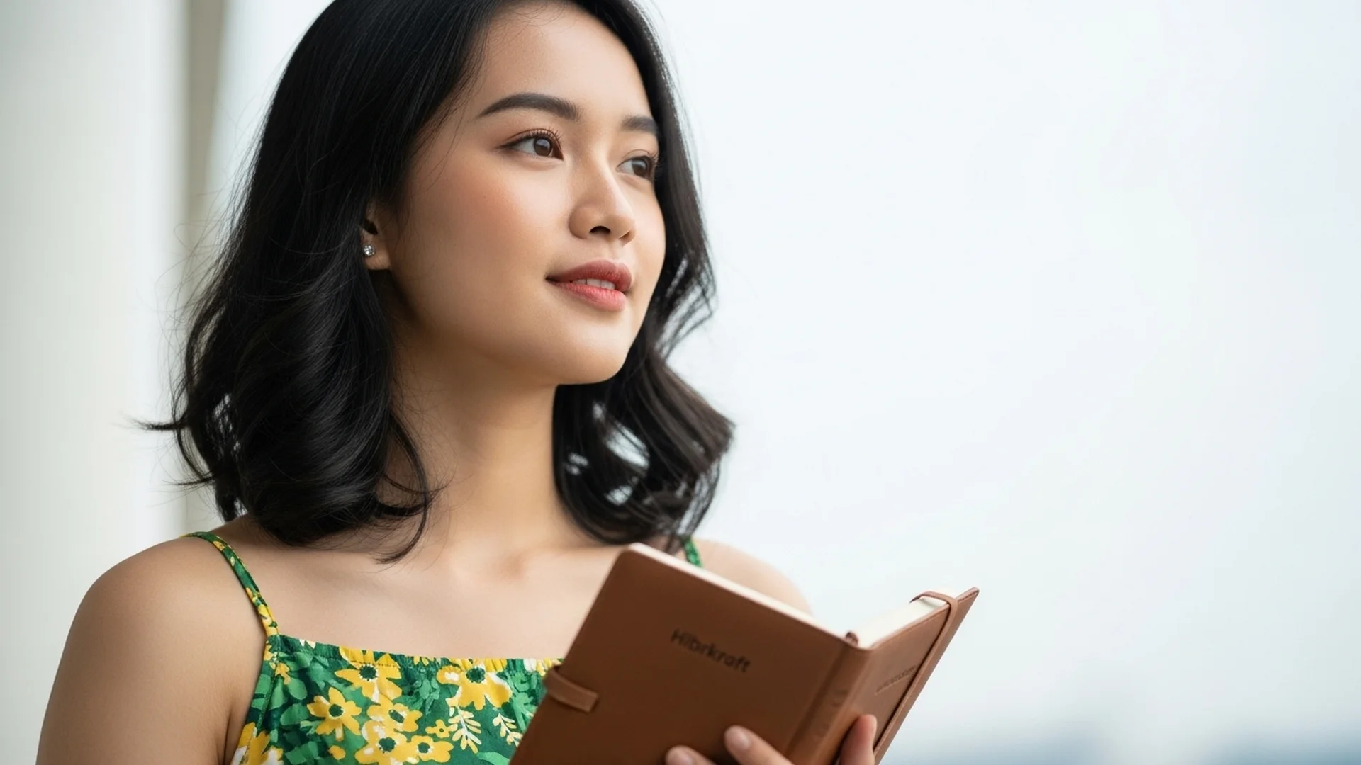 Wanita sedang membaca jurnal kulit di meja