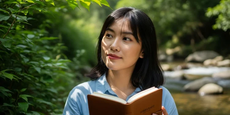 Woman Reading Notebook Nature Stream