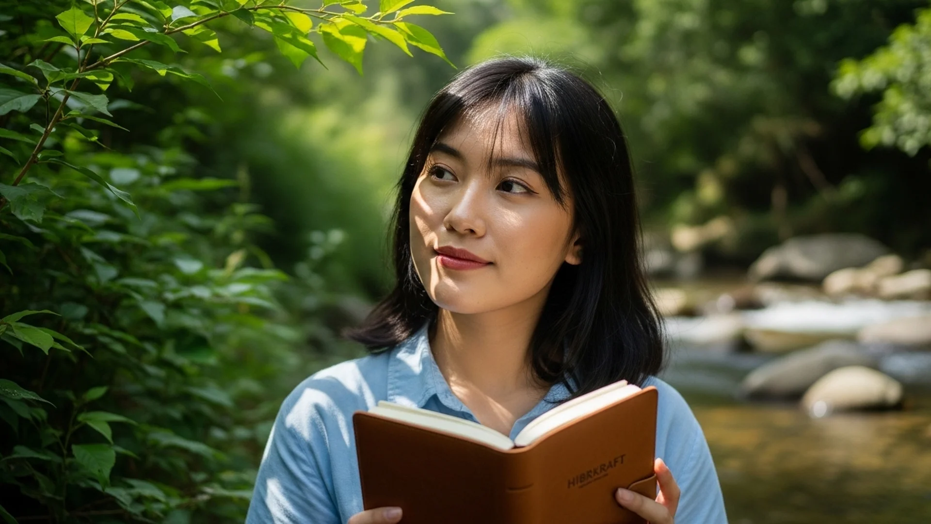 Woman Reading Notebook Nature Stream