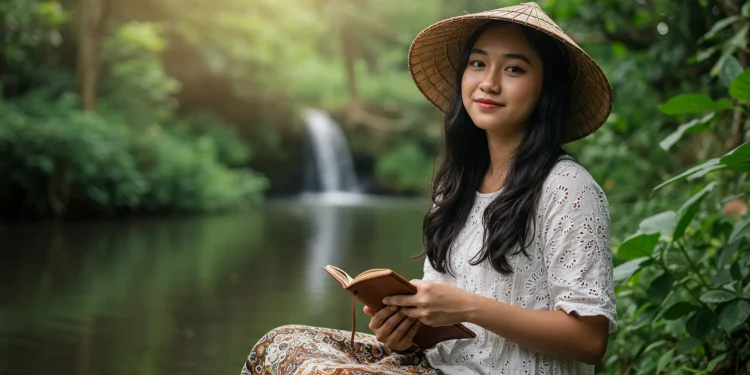 Woman Reading Waterfall Nature Peaceful