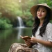 Woman Reading Waterfall Nature Peaceful