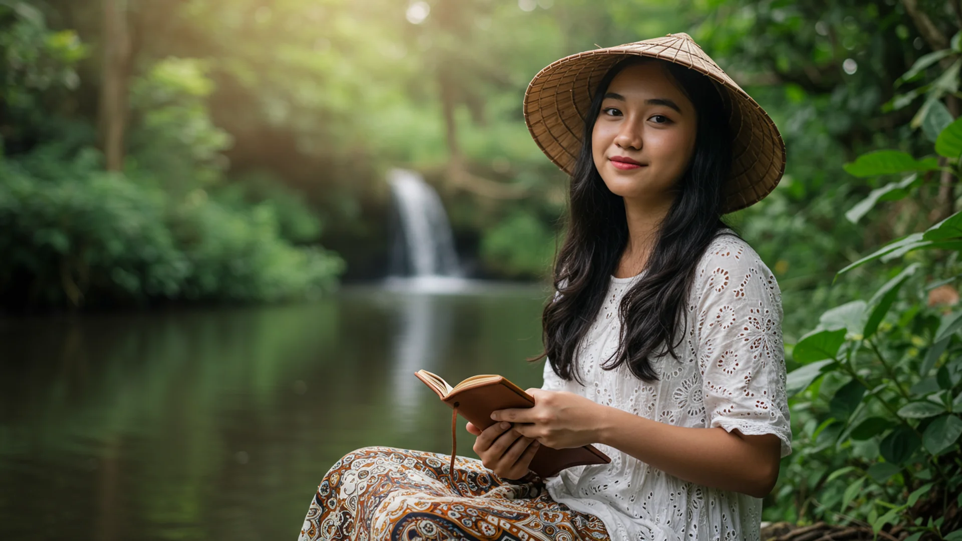 Woman Reading Waterfall Nature Peaceful