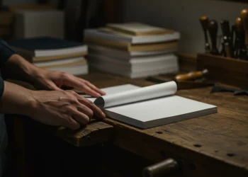 Bookbinder Hands Opening Blank Book Pages