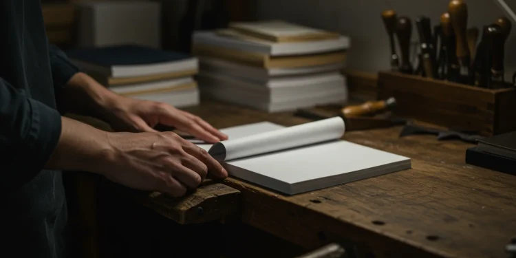 Bookbinder Hands Opening Blank Book Pages