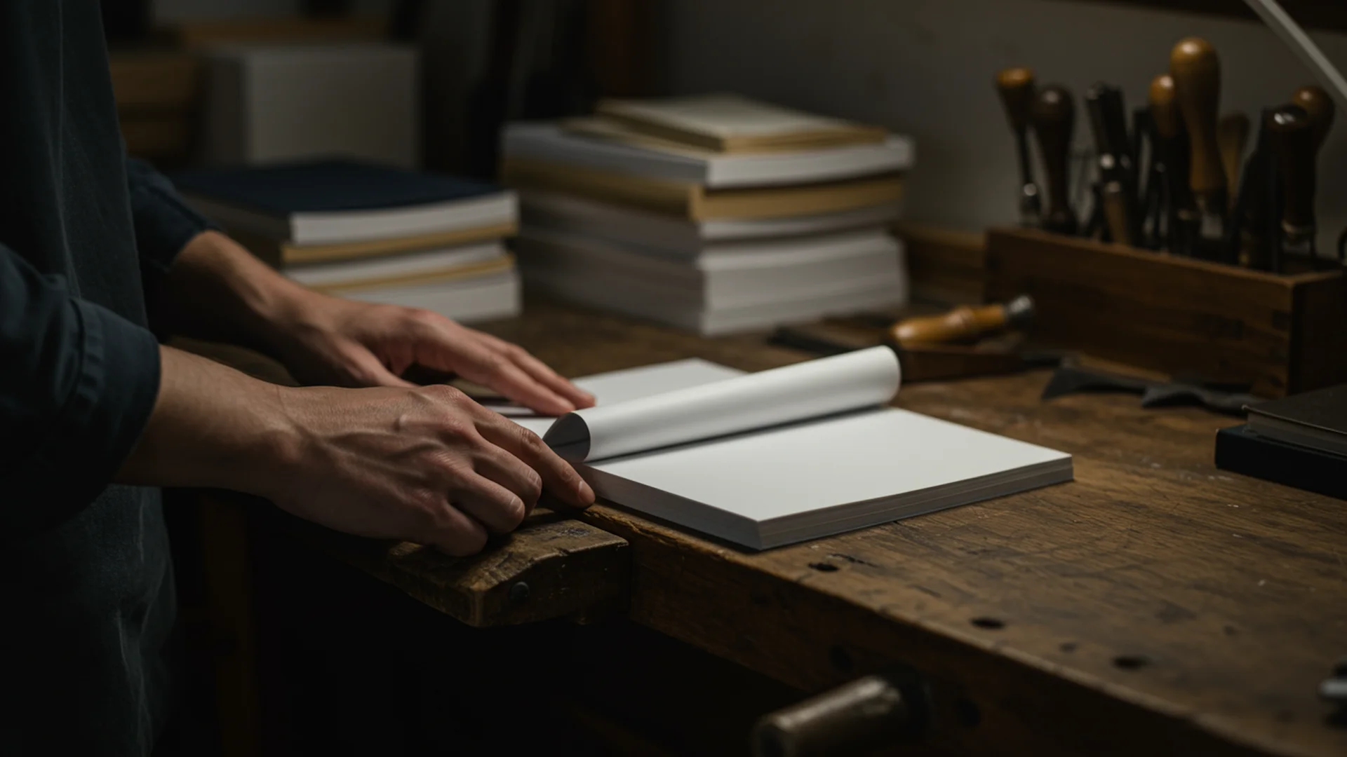 Bookbinder Hands Opening Blank Book Pages