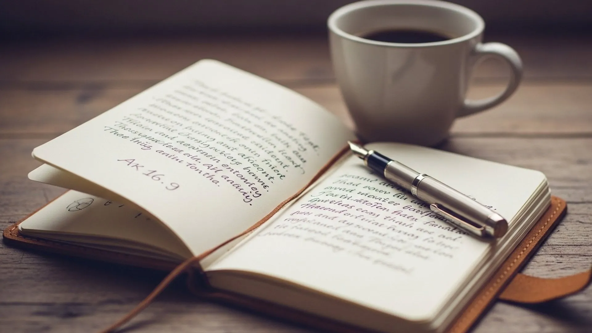 Buku catatan terbuka dengan dua halaman bertulisan tangan, sebuah pena, dan secangkir kopi hitam di atas meja kayu.