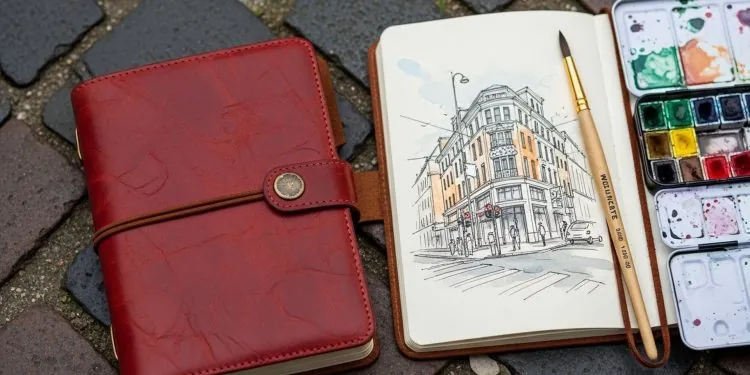 Studio Mobile Urban Sketcher: Sketchbook Kulit Custom Tahan Cat Air A5 Lay-Flat