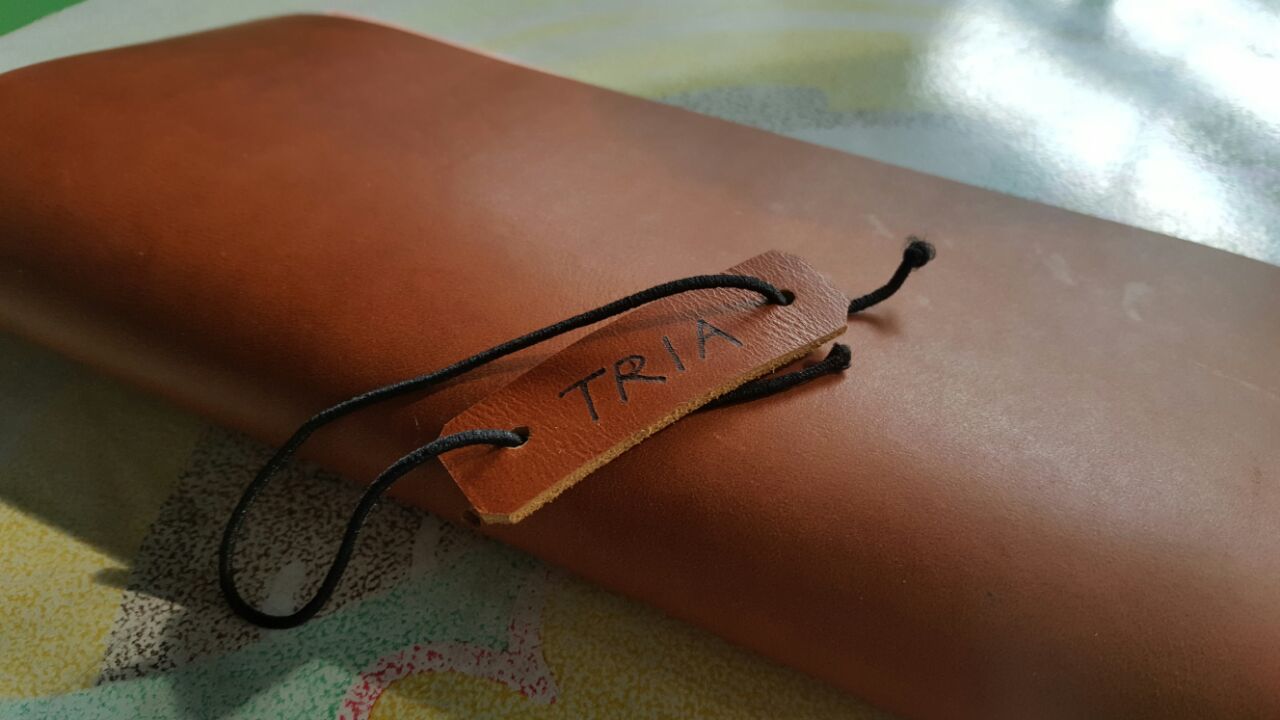 Another angle of the pink floral journal and the leather TRIA tag resting on raw brown suede