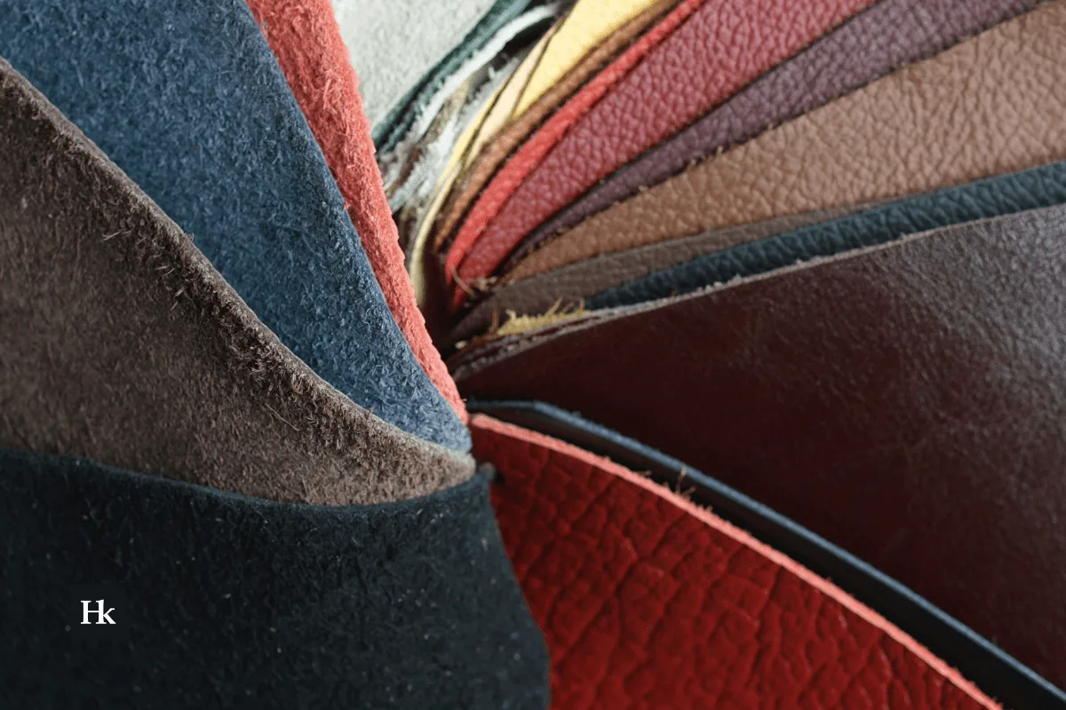 Kipas contoh kulit memperlihatkan tekstur dan warna: cognac, merah, biru, hitam dan cokelat tua