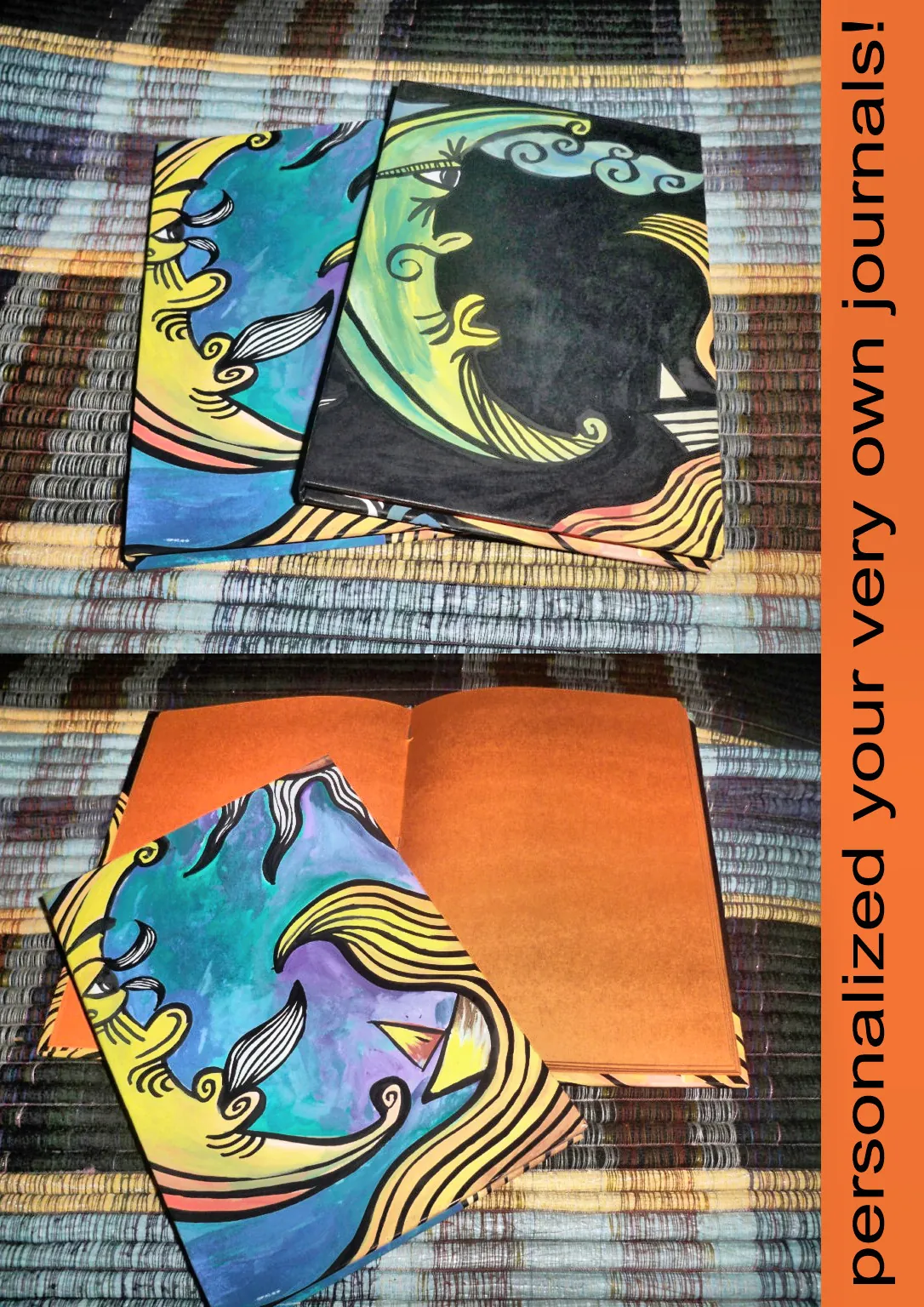 Two notebooks with hand-painted covers showing a sun and a moon