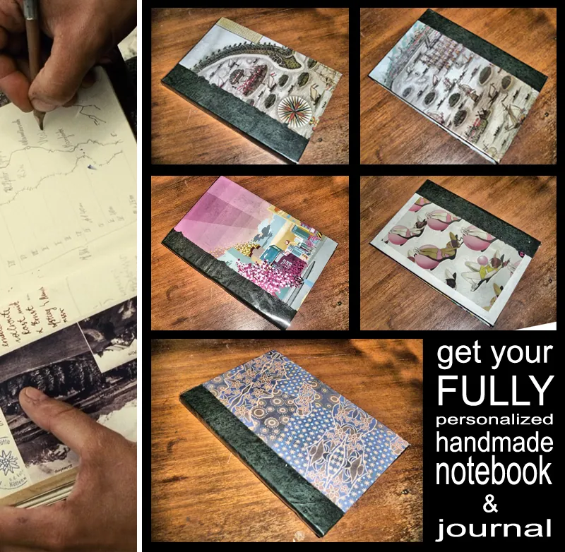 An old advertising collage of several patterned notebooks and a hand writing