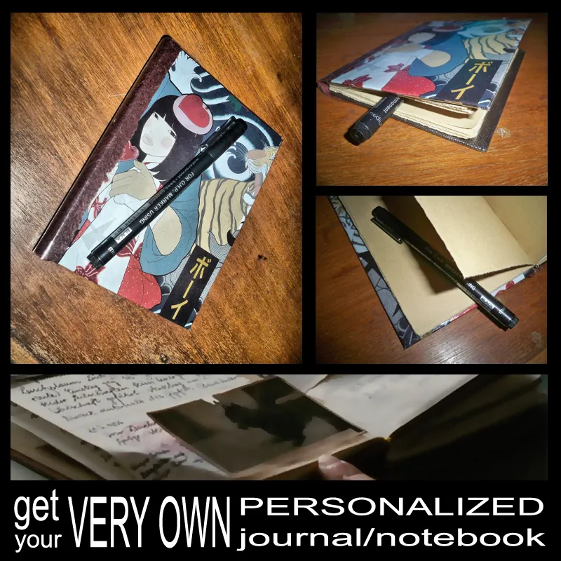 A notebook from the Juno series with an illustrated cover and a pen resting on it