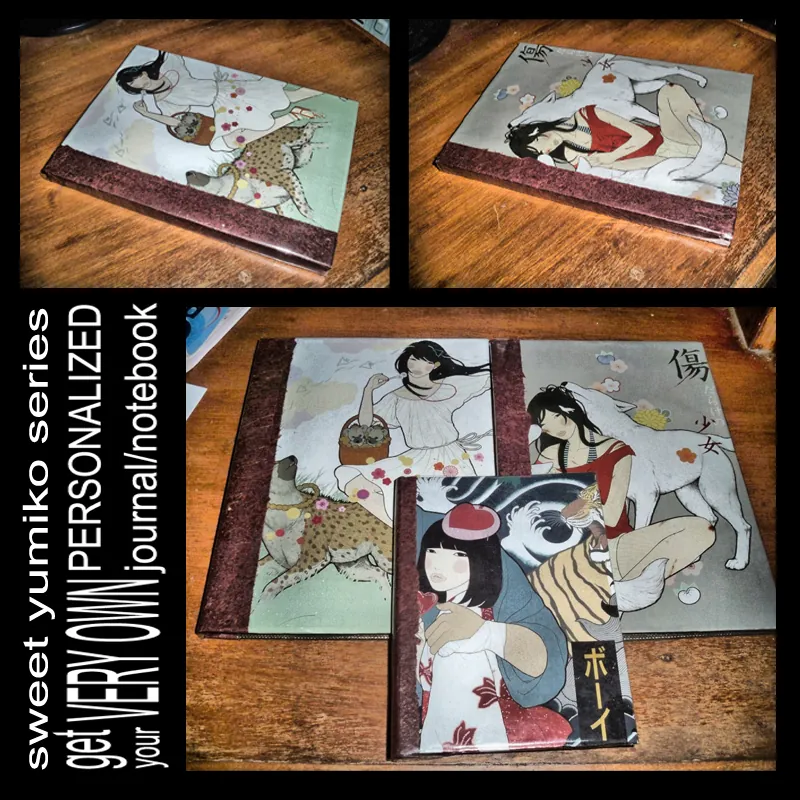 Four notebooks from the Sweet Yumiko series with illustrated covers on a wooden table