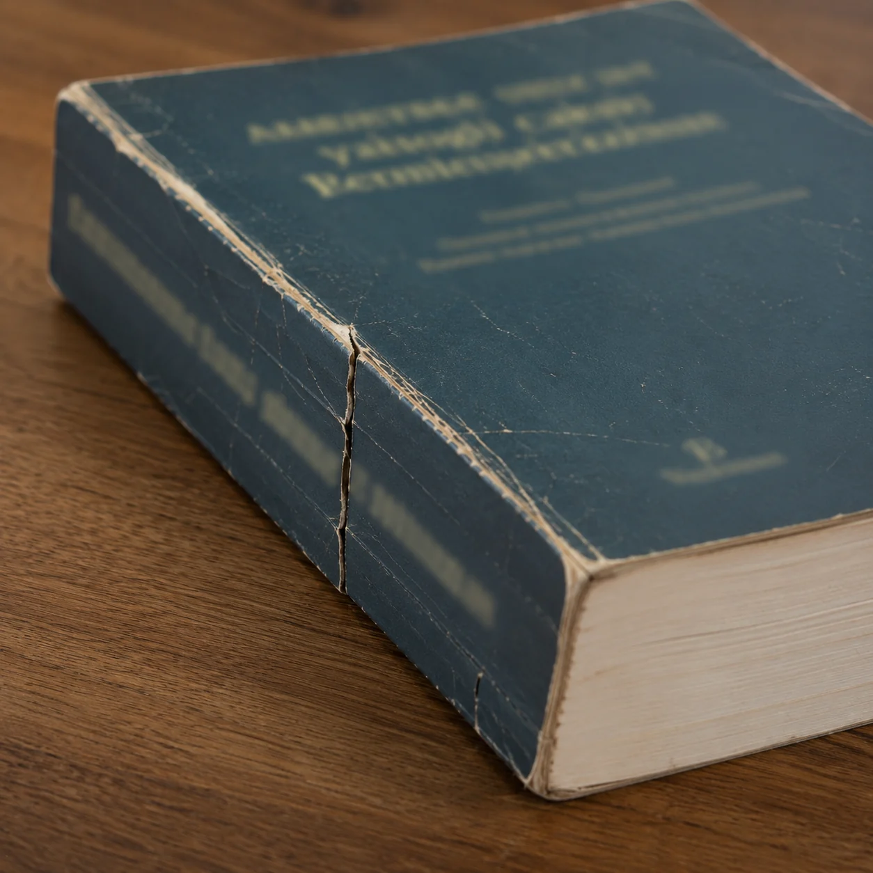 Thick blue hardwearing paperback lying on a wooden table with a vertical crack splitting its glued spine from top to bottom, the cover creased and flaking along the break