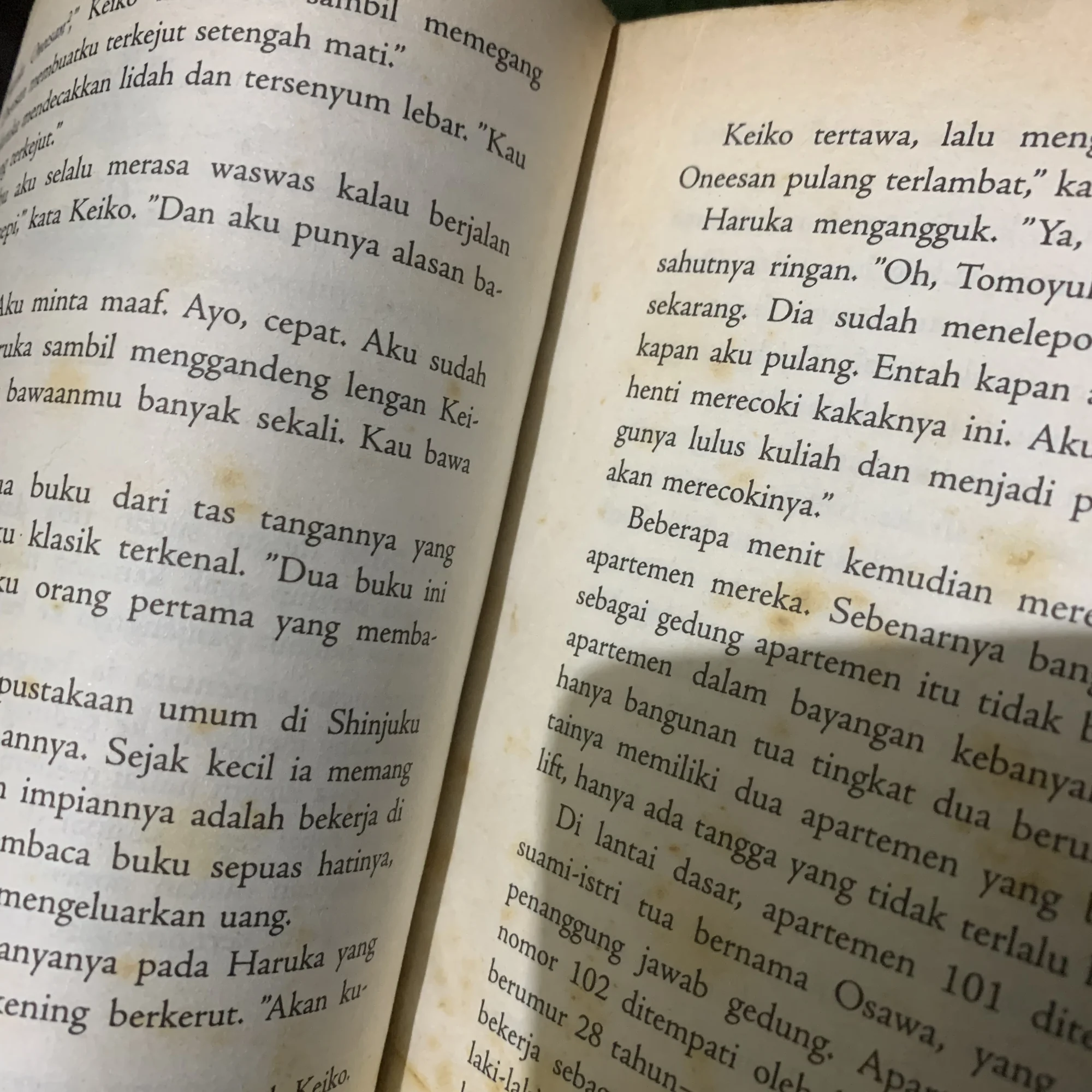 Old book pages showing yellow foxing stains on the paper.