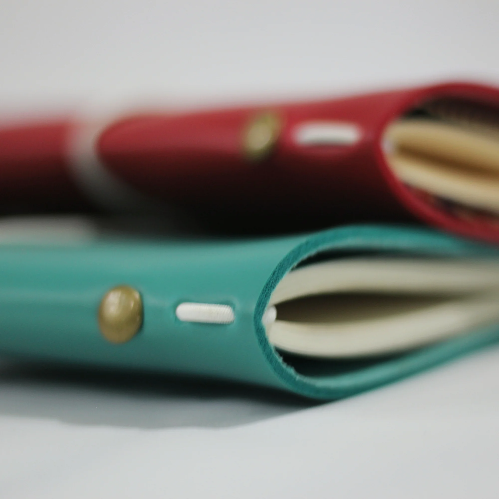 Two Trevi leather journals in red and green stacked with brass button details.