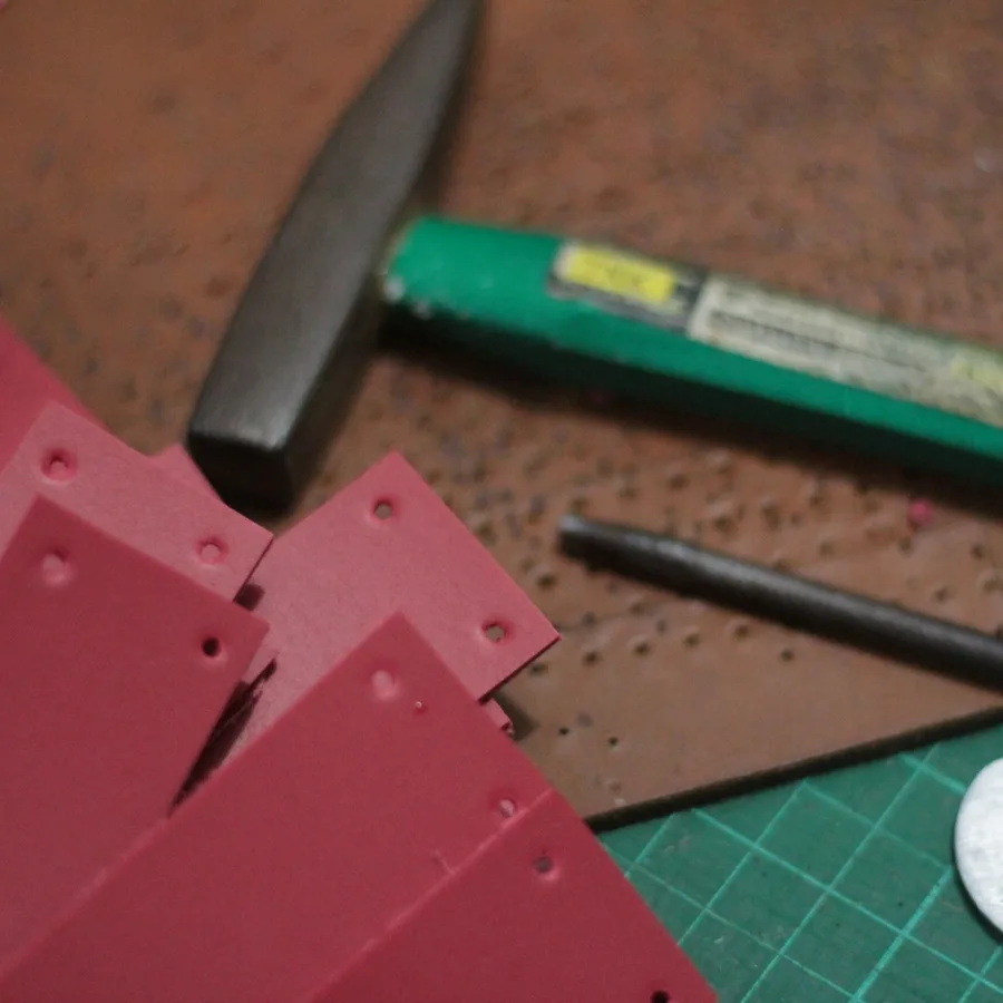 A punched piece of red leather, a knife and a pen on a cutting mat