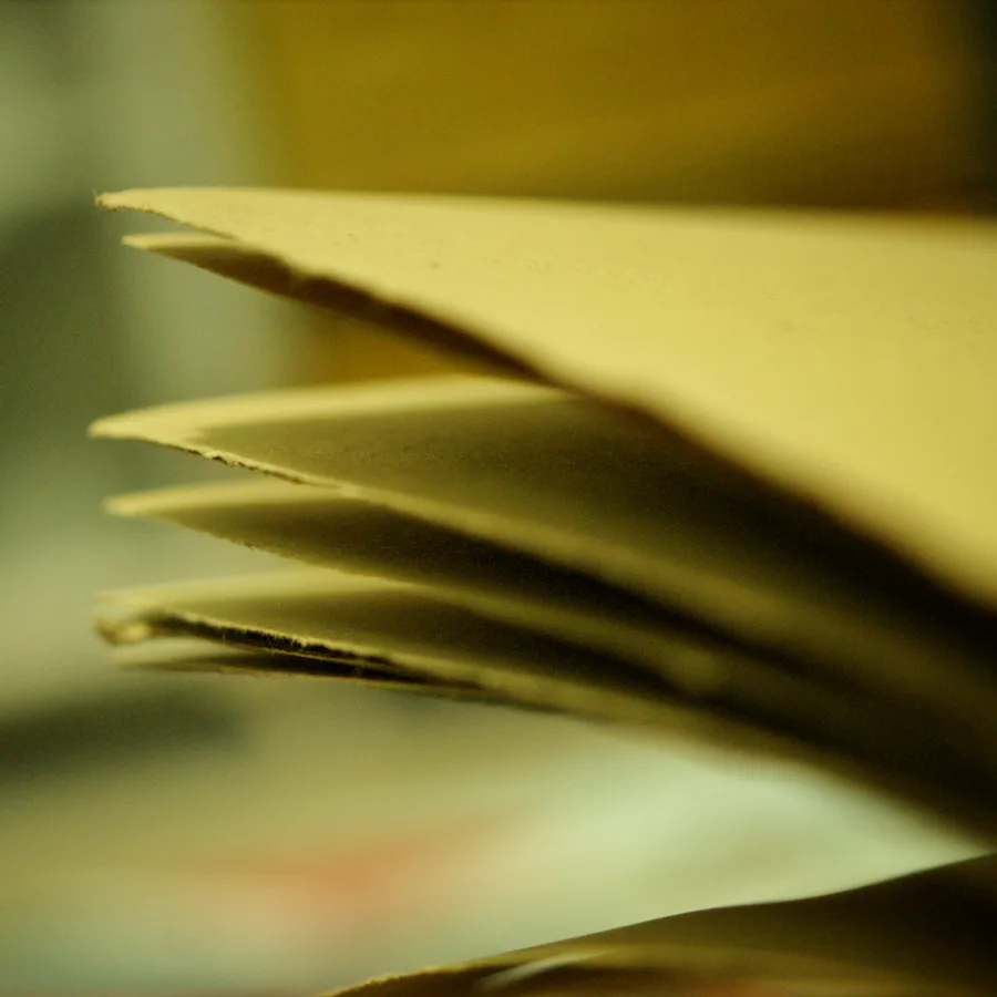 A stack of yellow paper sheets photographed close up, showing the edges