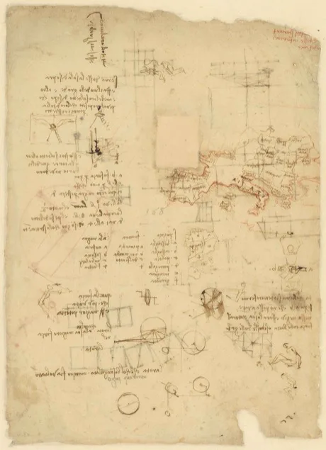 Lembar bertuliskan tangan Leonardo da Vinci dengan tepi kertas yang sobek, dipenuhi paragraf tulisan cermin, beberapa sketsa mekanis kecil dan sosok manusia, serta sketsa peta garis pantai dalam tinta merah di bagian kanan atas