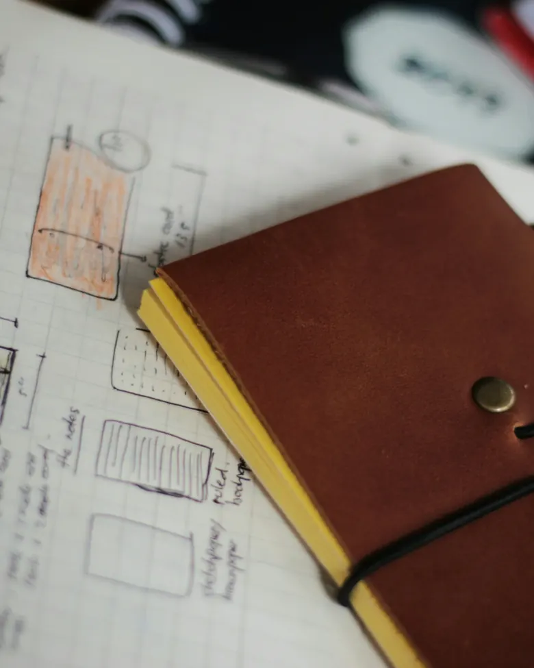 The Caesar project leather journal on top of its design sketches