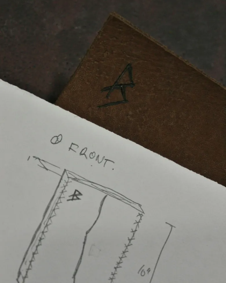 A design sketch drawn directly onto the leather