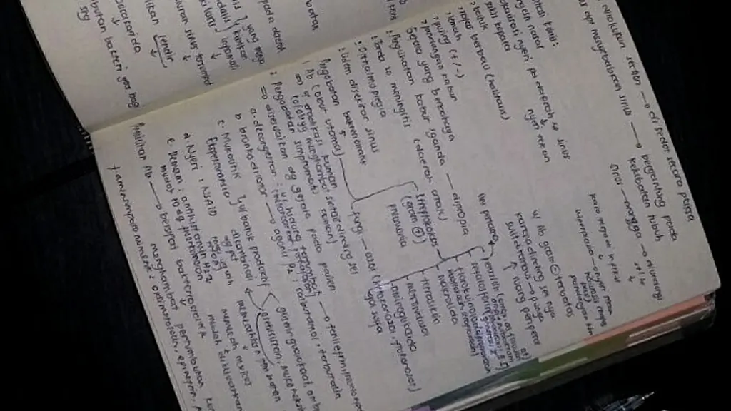 Notebook dengan catatan tulisan tangan di halaman terbuka