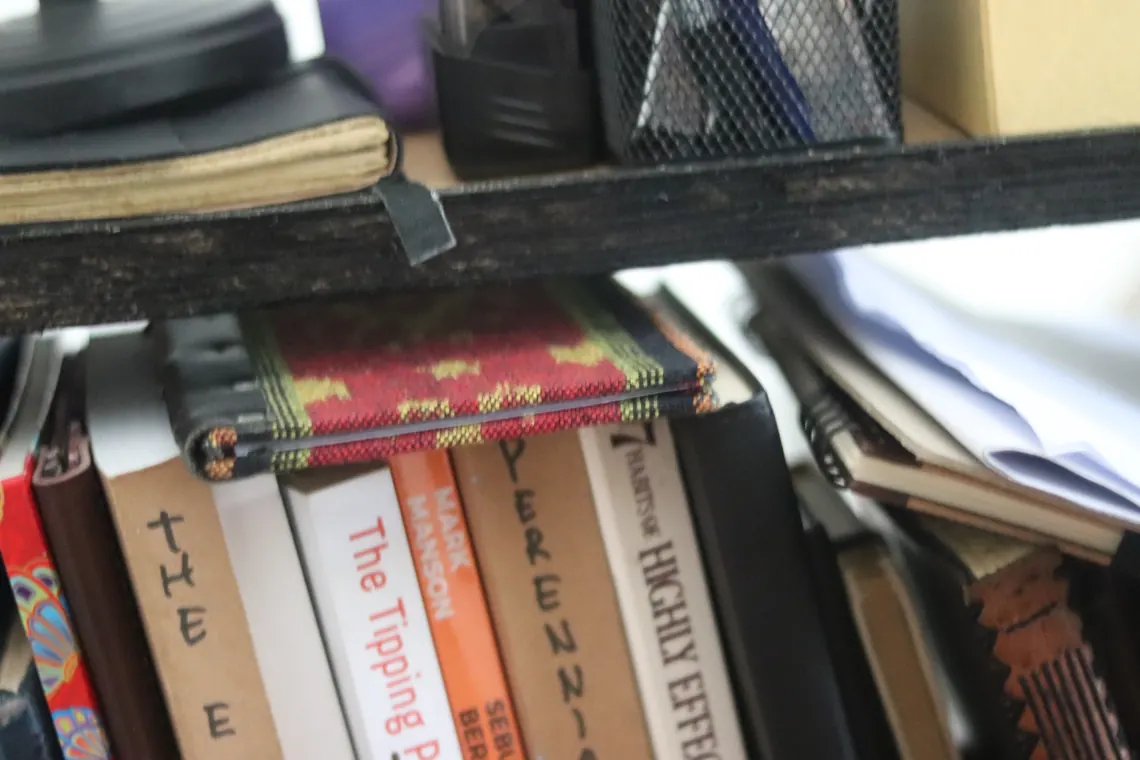 Buku dan jurnal tersusun di rak.