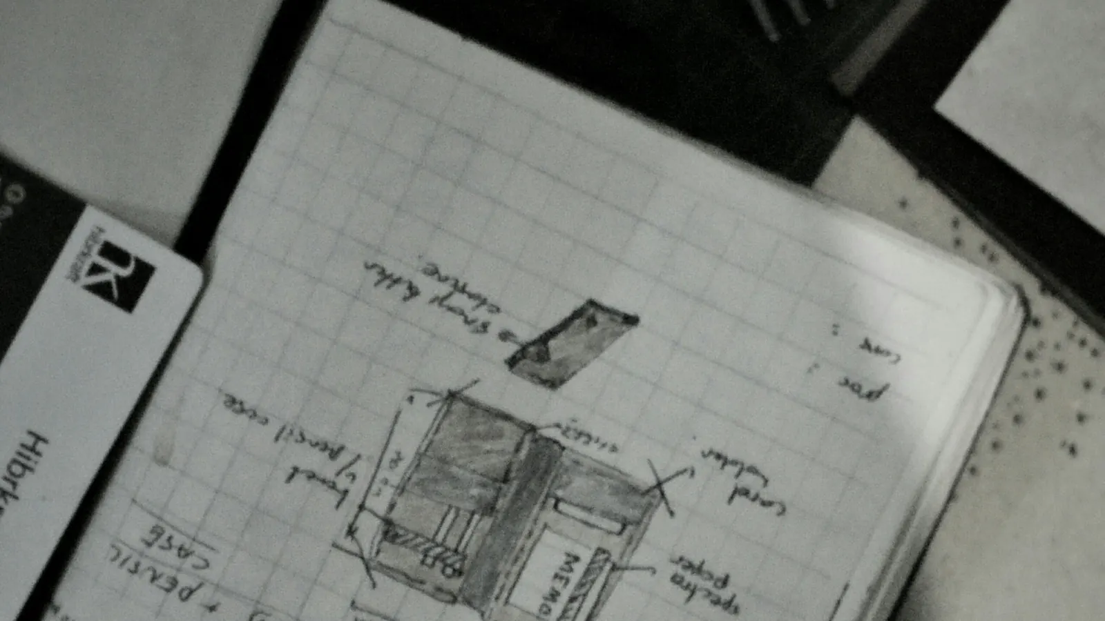 A designer's sketchbook open beside a notebook, early white label design work in progress