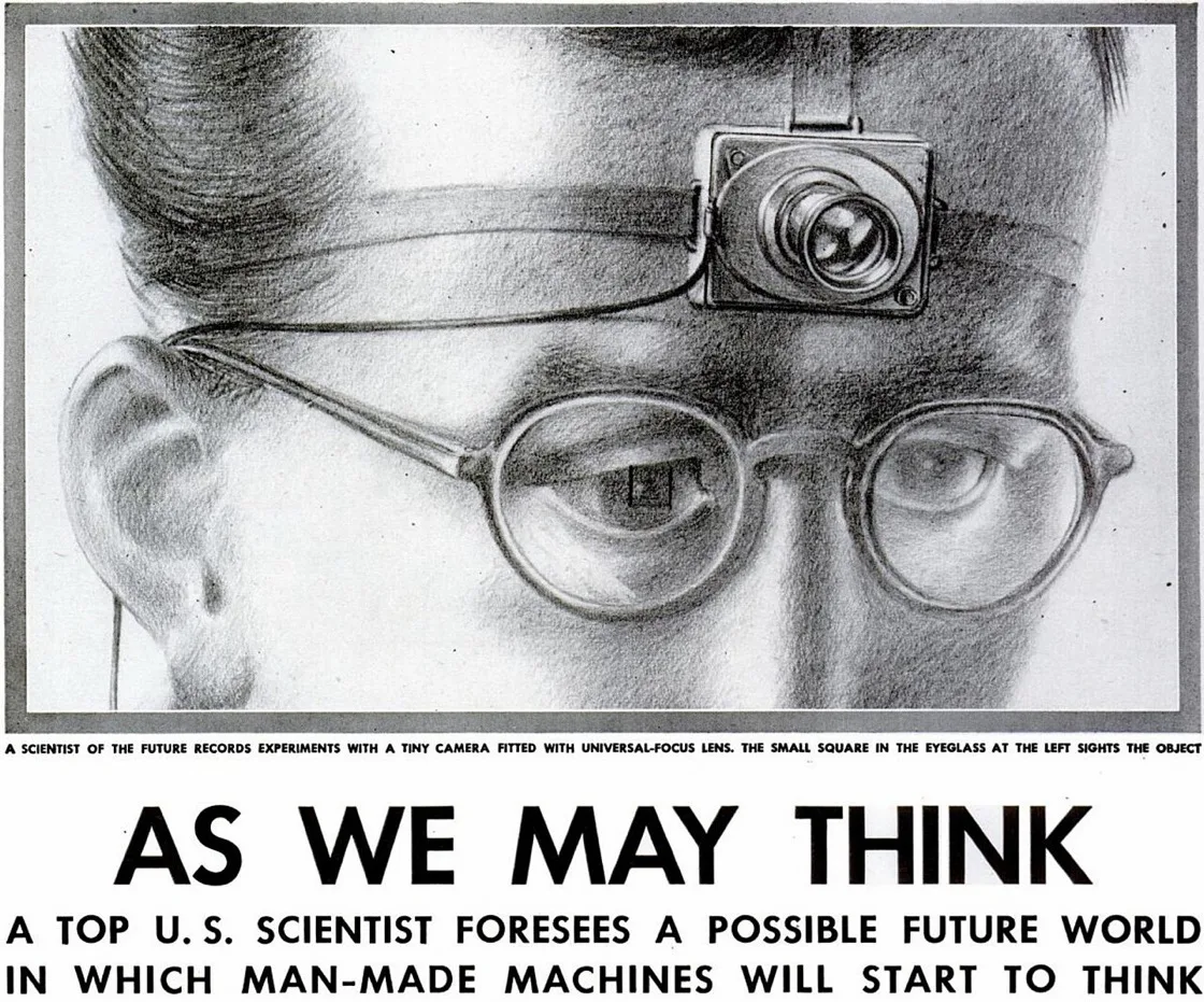 Ilustrasi pensil tahun 1945: kepala seorang ilmuwan mengenakan kacamata dengan kamera kecil terpasang di dahi, dari artikel majalah Life “As We May Think”