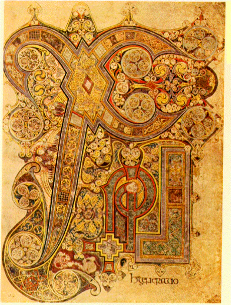 Halaman Chi Rho beriluminasi dari Book of Kells, menampilkan huruf Yunani Chi-Rho-Iota yang dihias dengan pola pilin dan simpul emas, merah, dan hijau