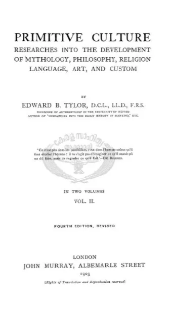 Halaman judul buku Primitive Culture karya E.B. Tylor, edisi revisi 1903, dengan nama penulis dan penerbit John Murray, London