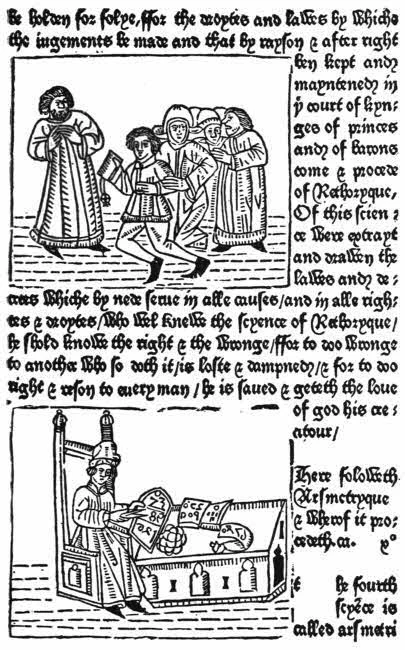 A fifteenth-century printed page in black-and-white Gothic type with two plainly styled woodcut illustrations