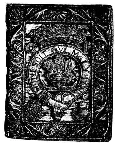 A black-and-white photograph of an embroidered prayer book cover with a crown, feather and flower motif from the seventeenth century